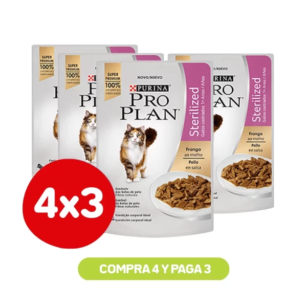 Pack 4x3 Pro Plan Pouch Alimento Húmedo Gato Esterilizado Pollo 85g