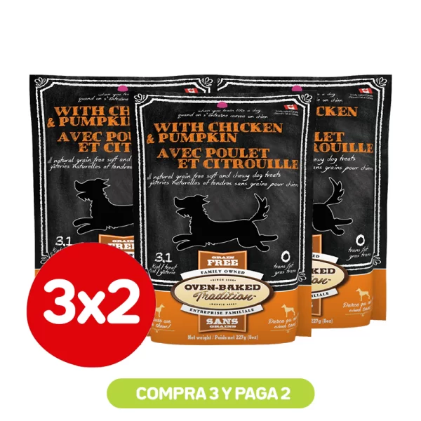 Pack 3x2 OVEN-BAKED Snack Para Perros Pollo & Calabaza 227 Grs