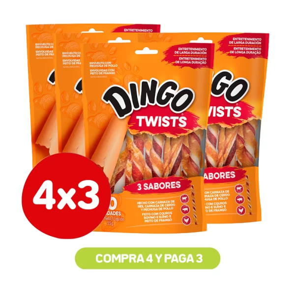 Pack 4x3 Dingo Snack Perro 3 Sabores Twists 10 Unidades