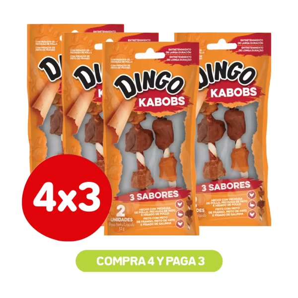 Pack 4x3 Dingo Snack para perro tres sabores Kabob 2 unidades