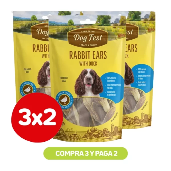 Pack 3x2 Dog Fest Orejas de Conejo con Pato 55 gr