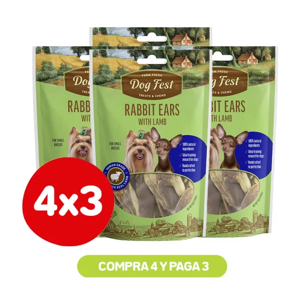 Pack 4x3 Dog Fest Orejas de Conejo con Cordero 55 gr