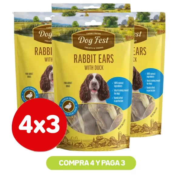 Pack 4x3 Dog Fest Orejas de Conejo con Pato 55 gr