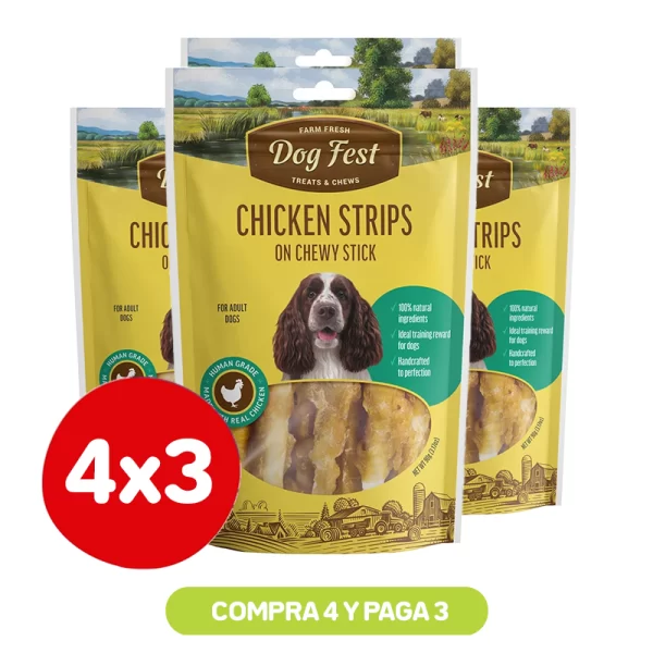 Pack 4x3 Dog Fest Snack Tiras de Pollo en Barra 90 Gr