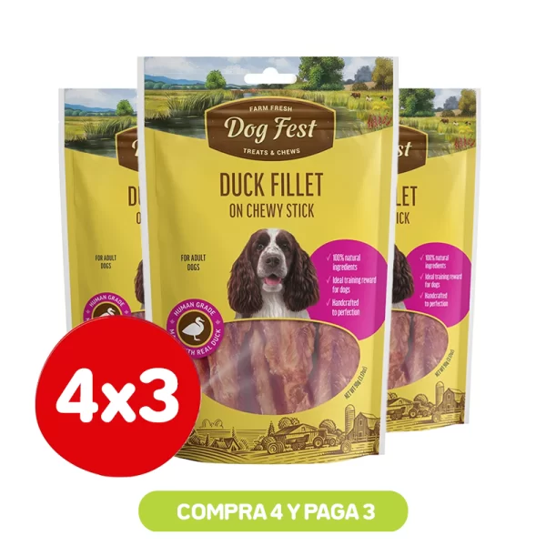 Pack 4x3 Dog Fest Snack de Filete de pato en barra masticable 90 grs