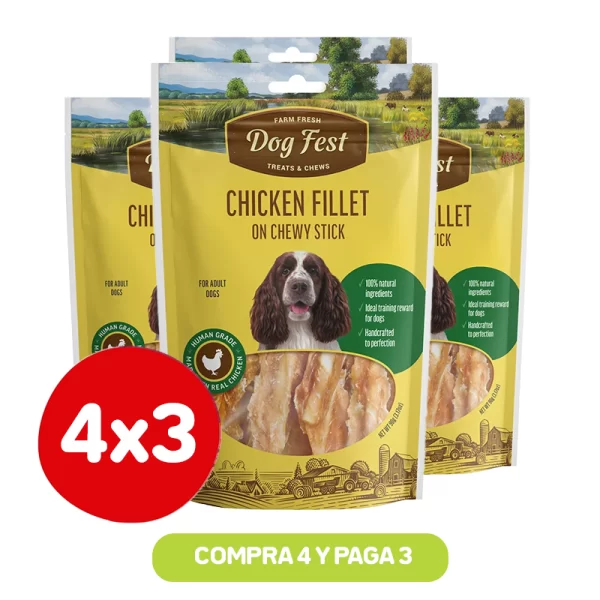 Pack 4x3 Dog Fest Snack de Filete de pollo en barra masticable 90 grs