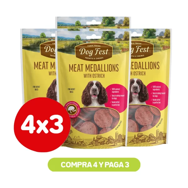 Pack 4x3 Dog Fest Snack medallones de avestruz 90 grs