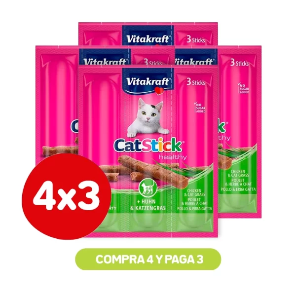 Pack 4x3 Vitakraft Cat Stick Chicken & Cat Grass 18 Gr